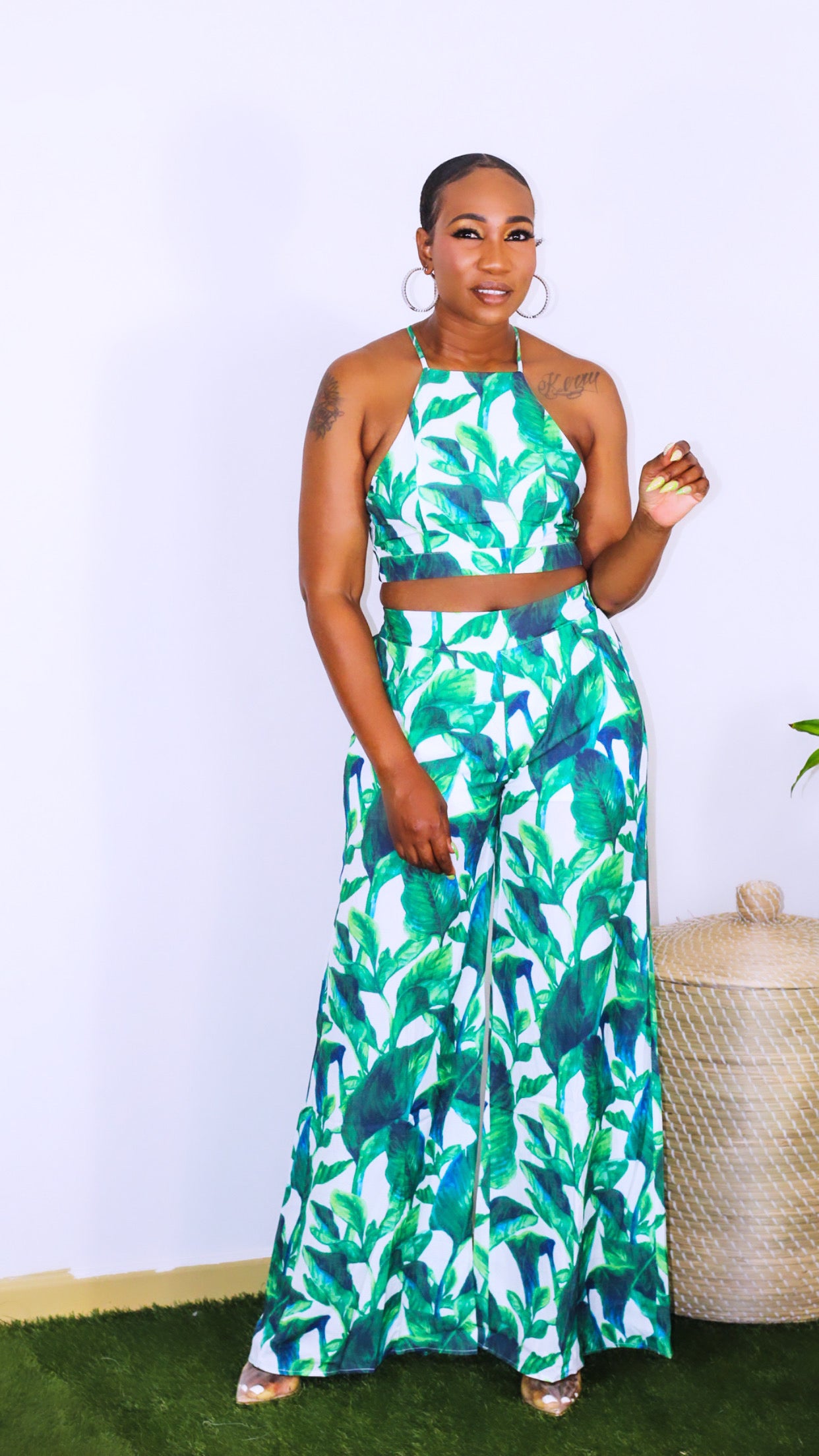cropped alter top matching set in green, with high waisted wide leg pant.