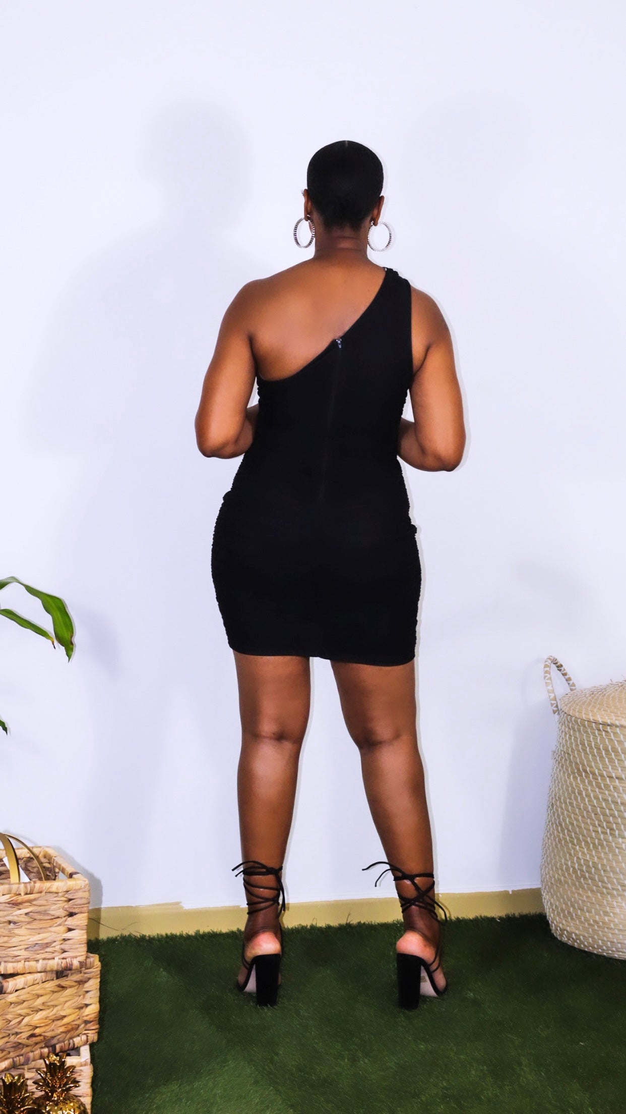 The Little Black Dress is one shoulder luxe ruched bodycon dress.