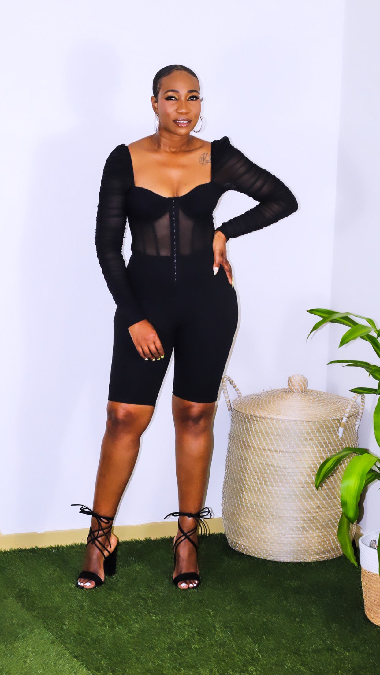 Illusion Romper is sheer with long sleeves on top with a legging style bottom. Front has a hooked closure with sweetheart neckline. Illusion has amazing stretch and is a definitely a showstopper. 