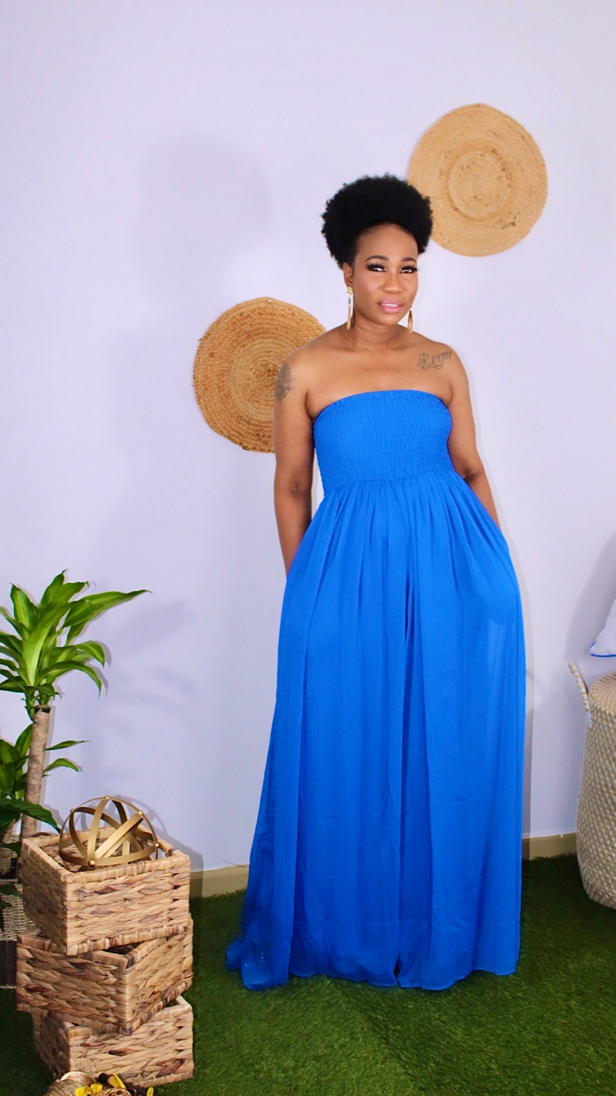 strapless royal blue jumpsuit. 32 in inseam 