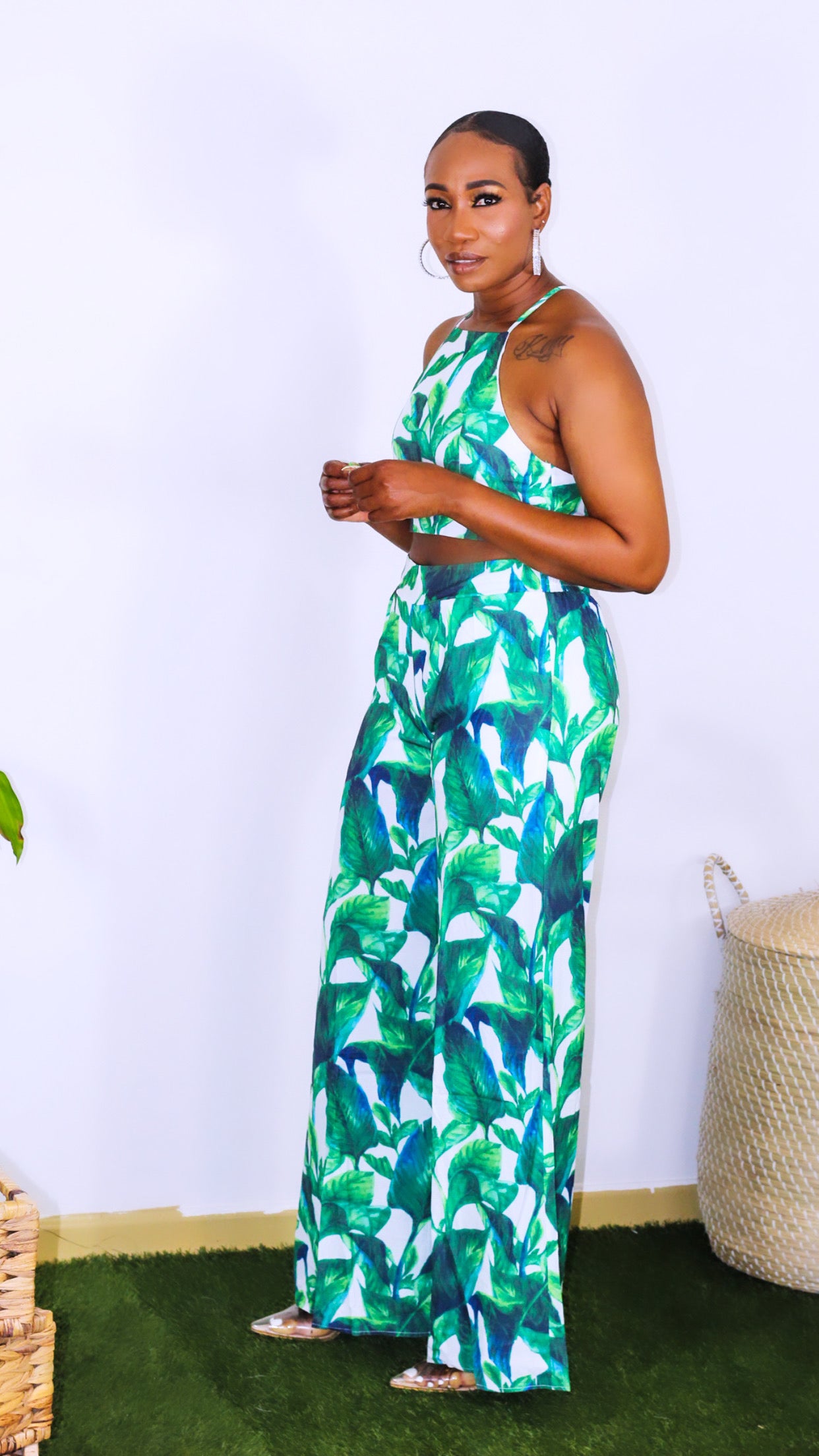 cropped alter top matching set in green, with high waisted wide leg pant.
