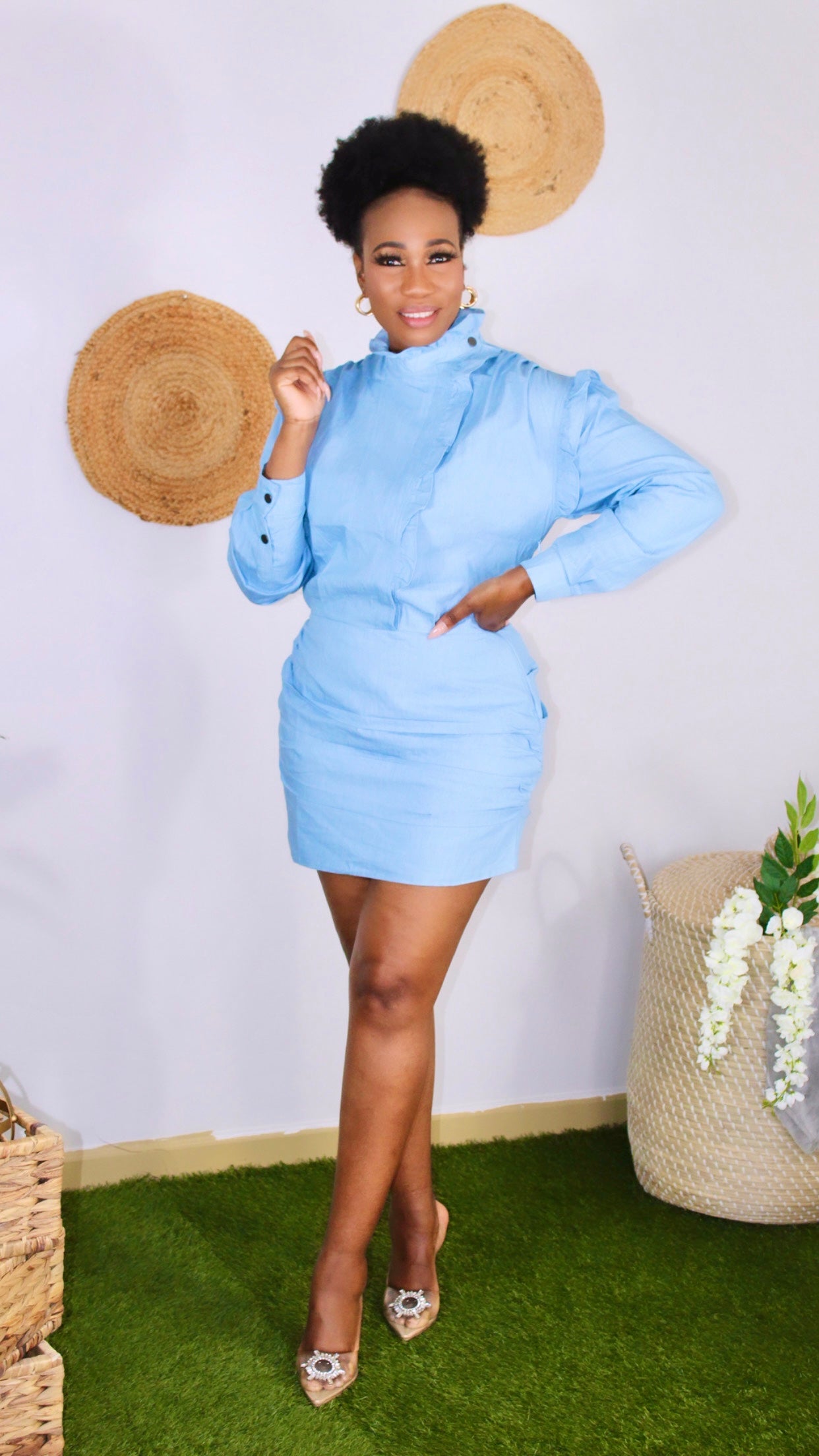 Denim dress above the knee with high neck with ruffles at neck 