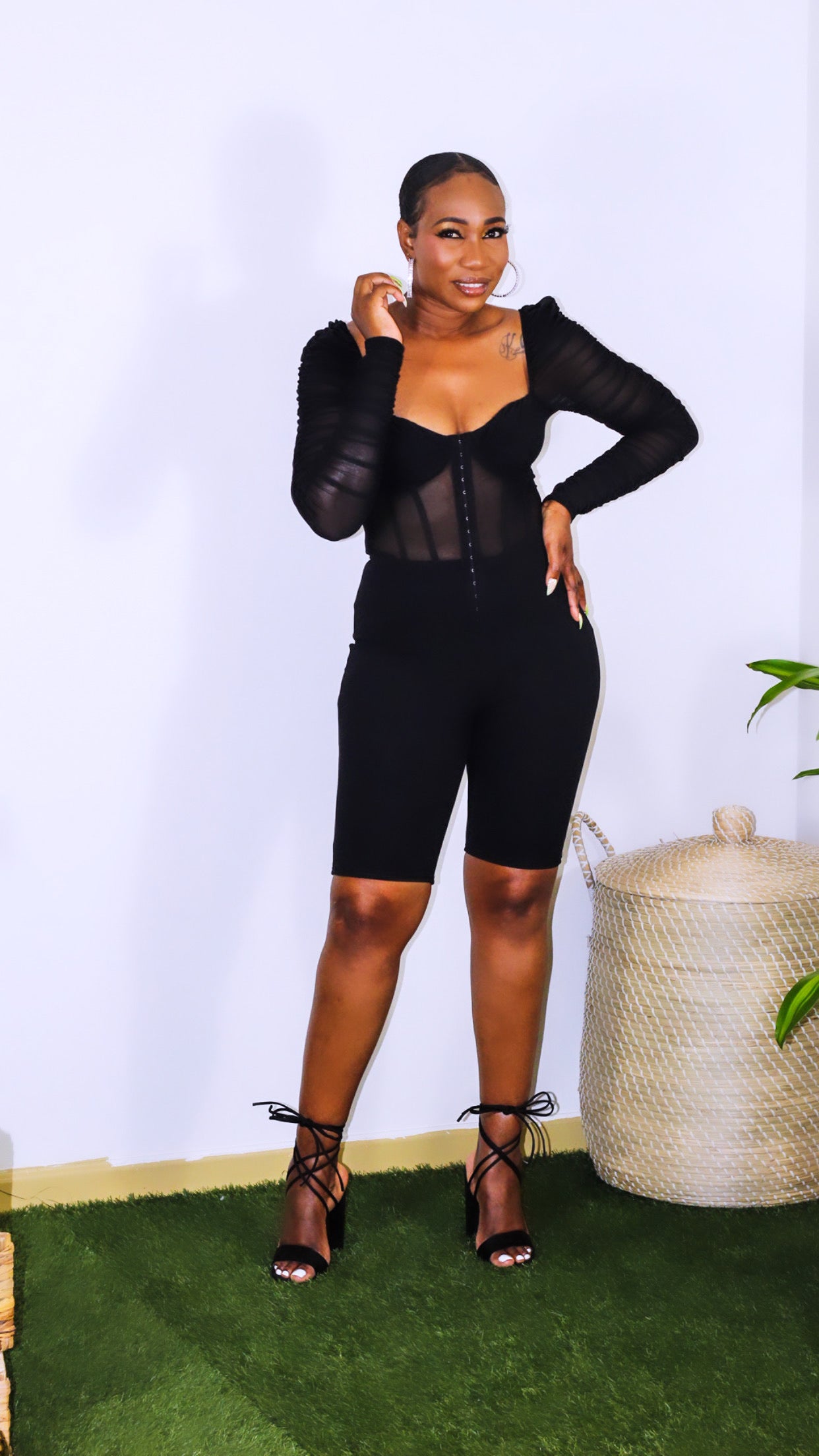 Illusion Romper is sheer with long sleeves on top with a legging style bottom. Front has a hooked closure with sweetheart neckline. Illusion has amazing stretch and is a definitely a showstopper. 
