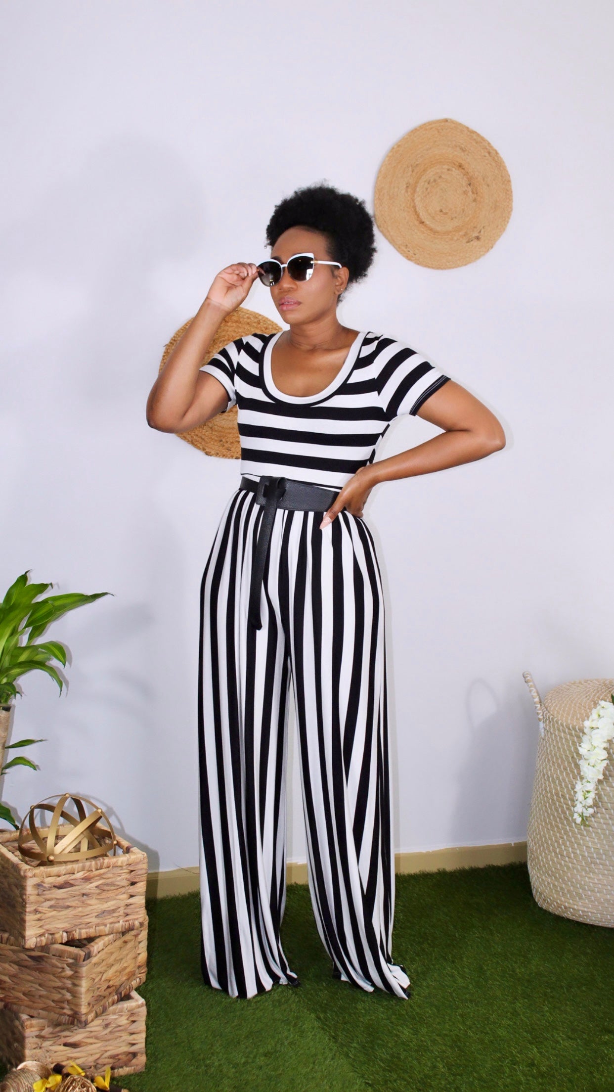horizontal/vertical stripes jumpsuit in aqua and black and white  
