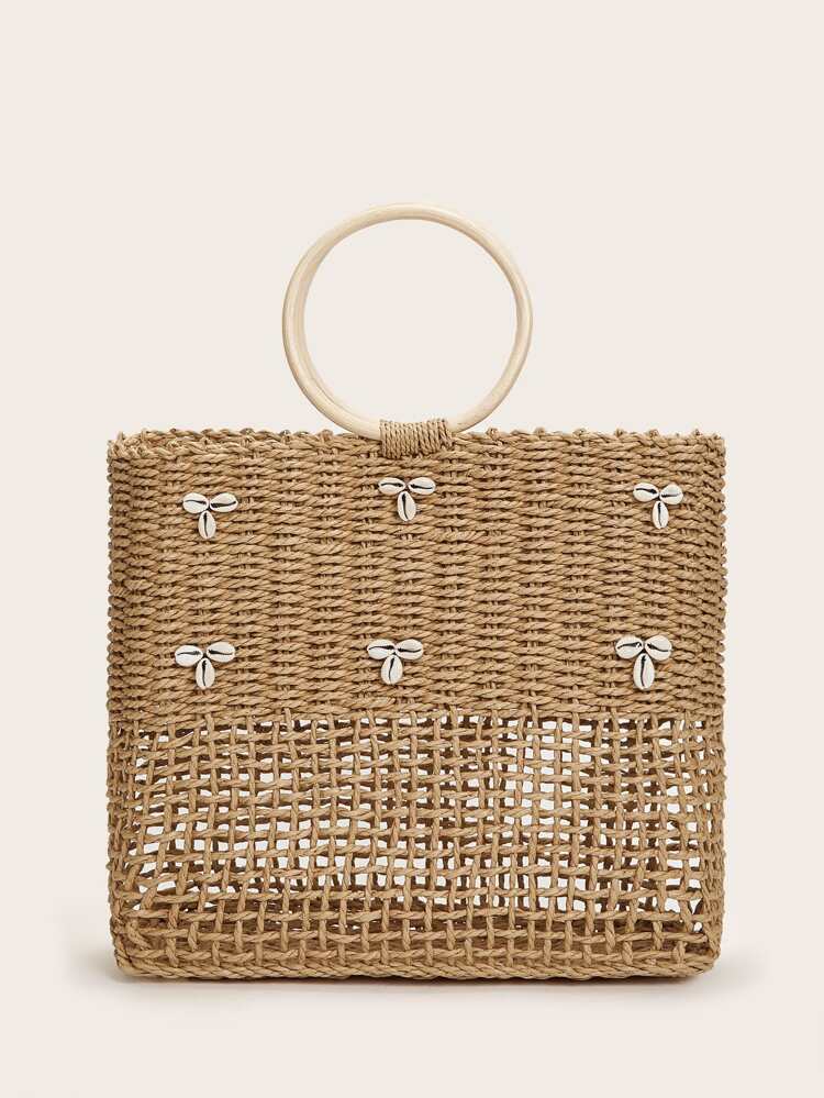top handle strap bag with shells woven in