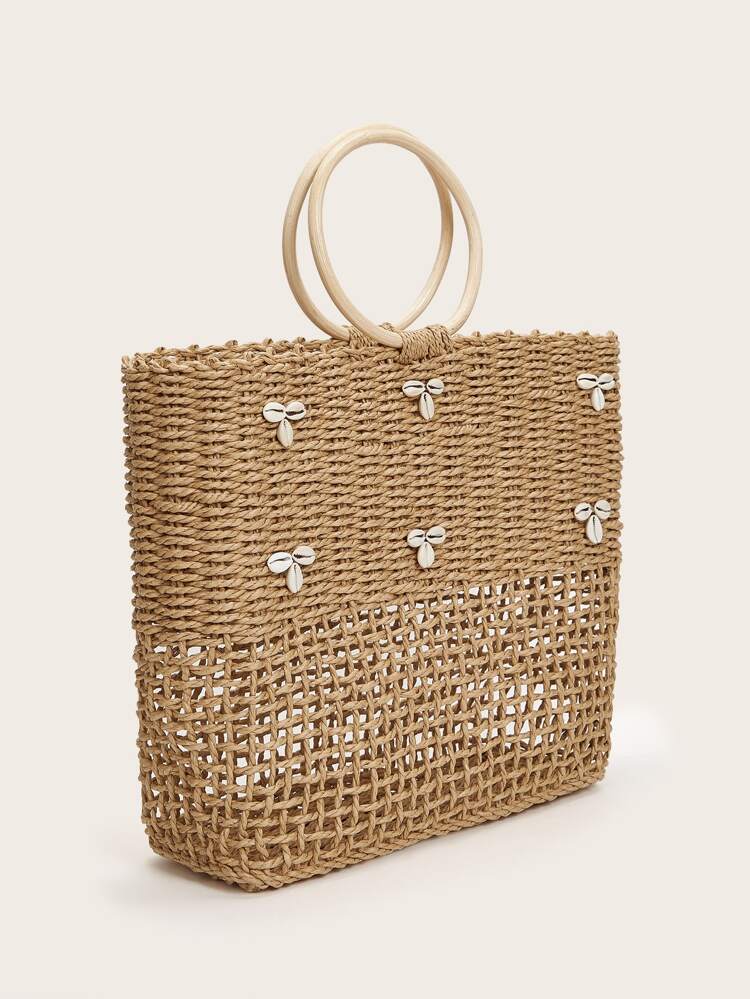 top handle strap bag with shells woven in