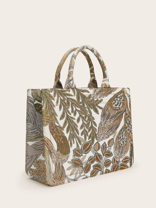 leaf printed tote bag with top handle and zippered closure  