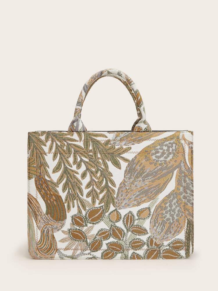 leaf printed tote bag with top handle and zippered closure  