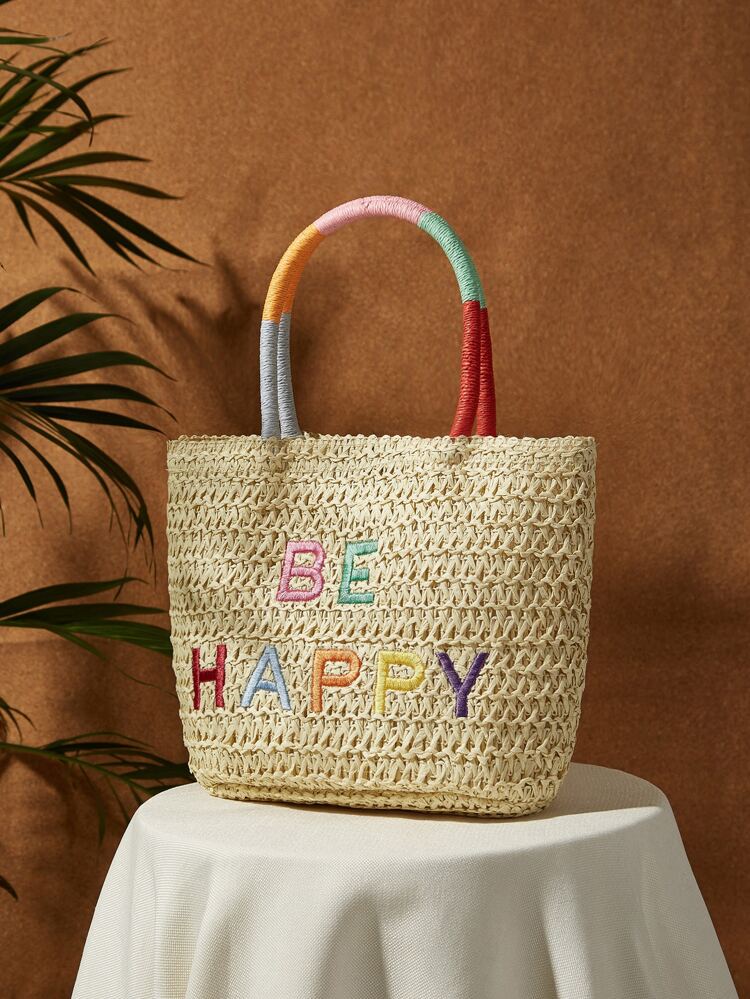EMBROIDERED "BE HAPPY" STRAW TOTE BAG 