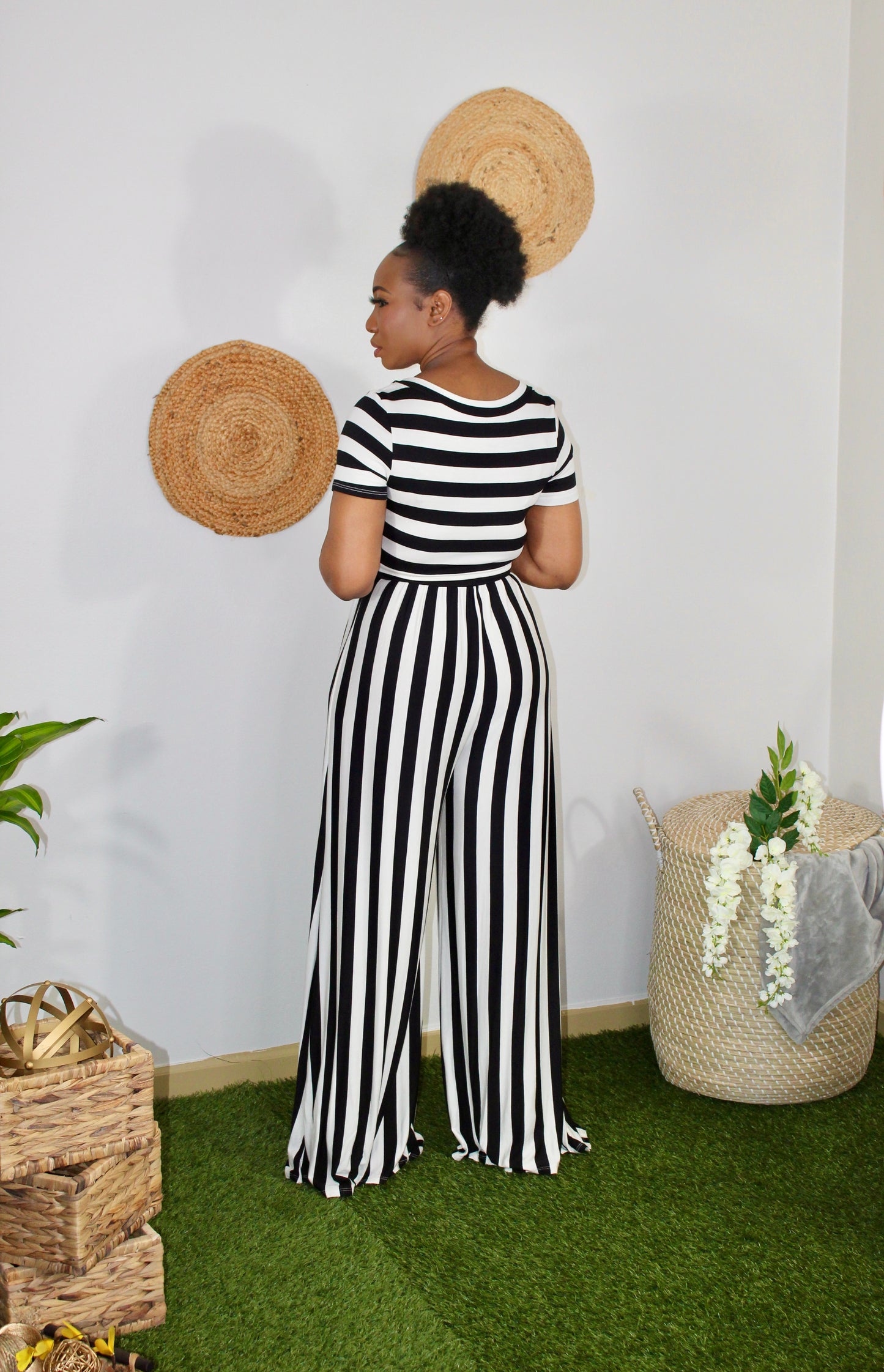 horizontal/vertical stripes jumpsuit in aqua and black and white