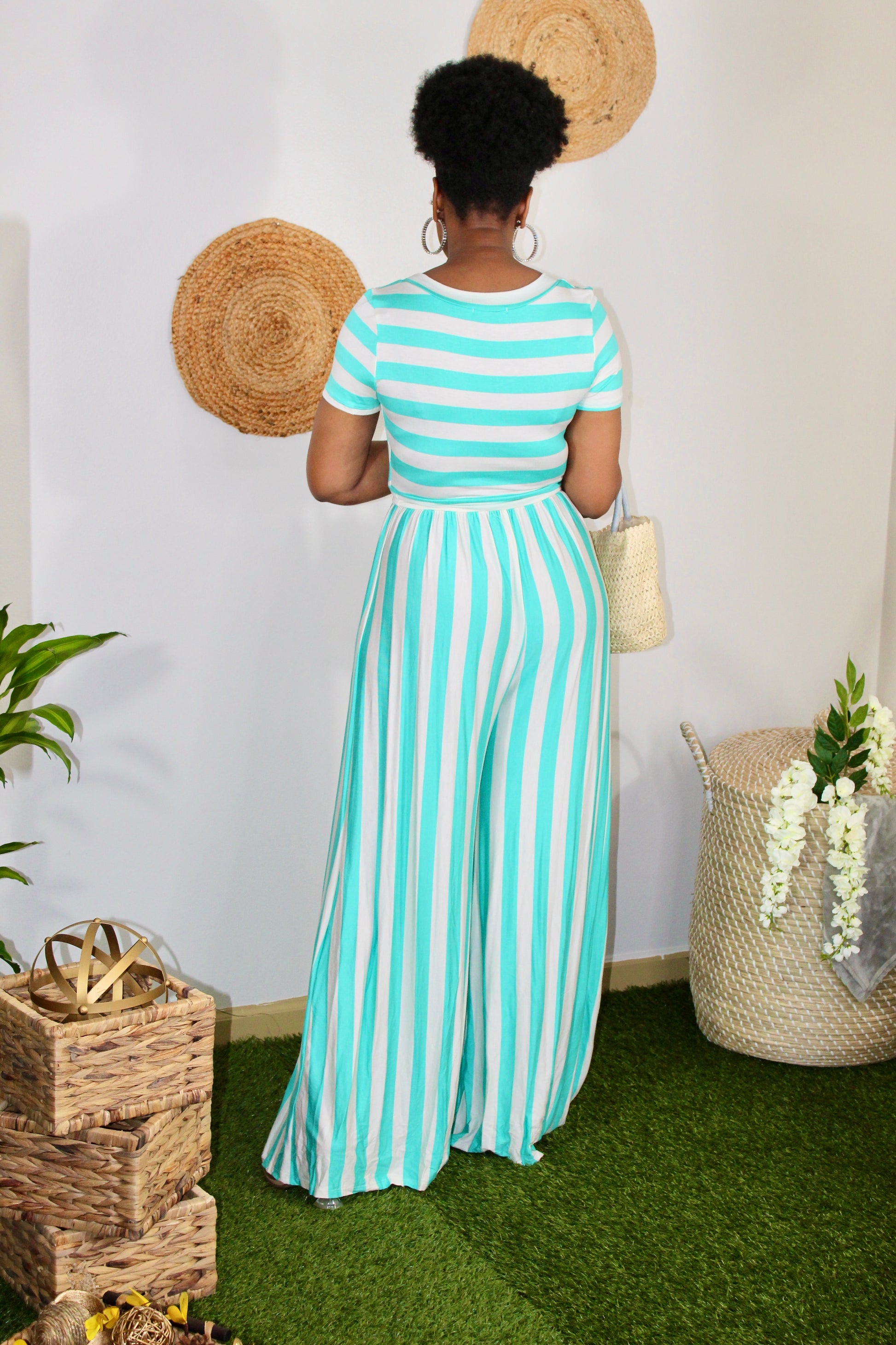 horizontal/vertical stripes jumpsuit in aqua and black and white  