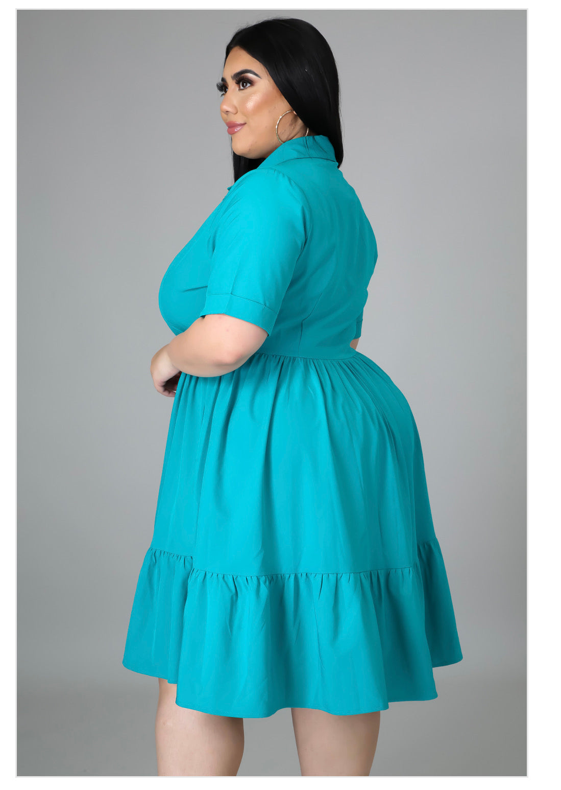 plus size dress. color is jade. button closure, collar at the neck, has sleeves. above the knee. 
